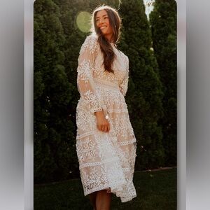 Ivy City Co Sicily Sheer Lace Midi Dress in Ivory Champagne Lining Bridal